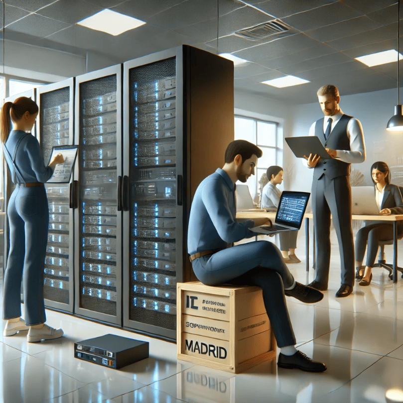 Equipo técnico realizando mantenimiento informático para PYMEs en Madrid